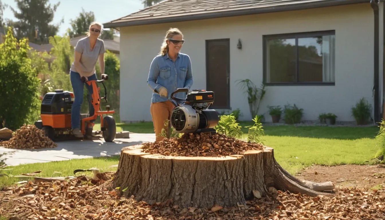 A stump grinder cutting down a tree stump in a Kissimmee backyard